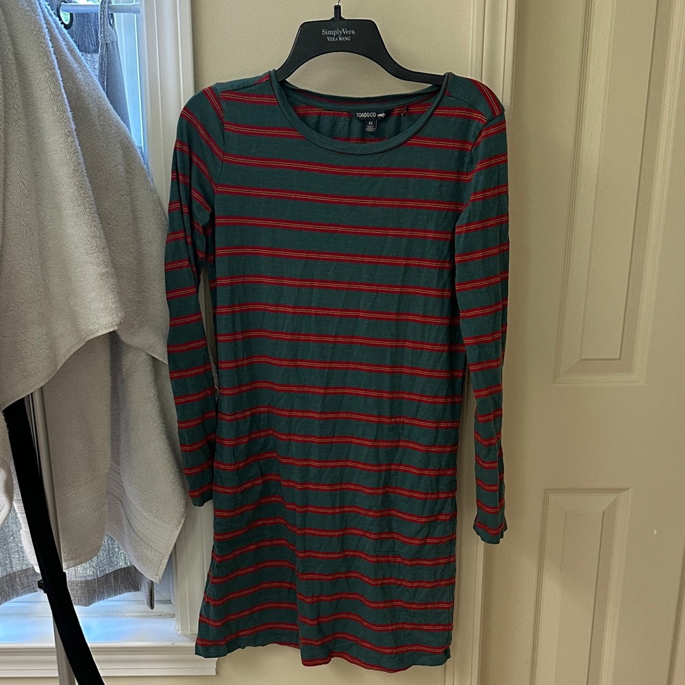Toad&Co Striped Long Sleeve Dress in Blue/Green and Red
